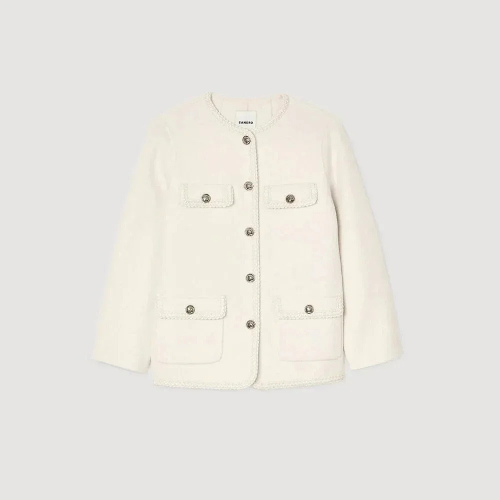 Sandro Cream Preppy Coat with Braided Trim - Picture 6 of 11